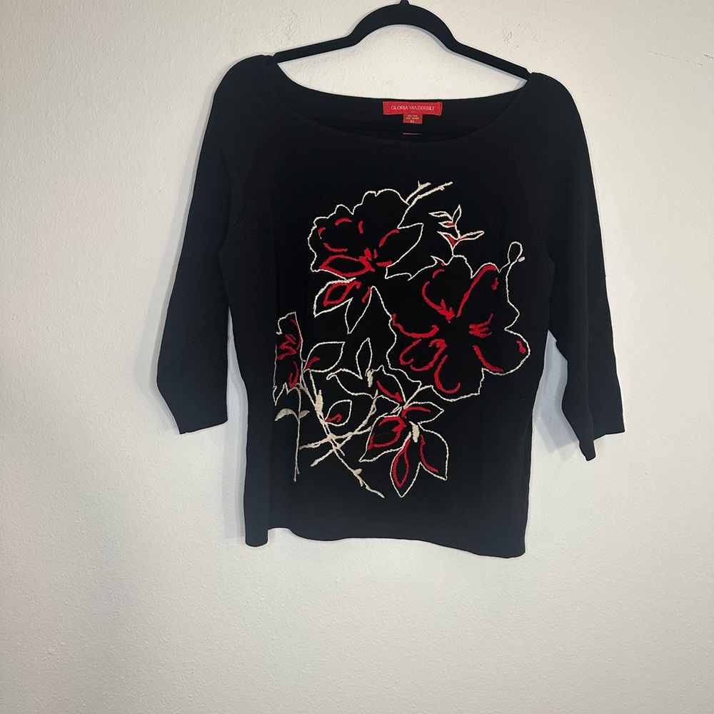 Gloria Vanderbilt Black 3/4 Sleeve Floral %100 silk sweater